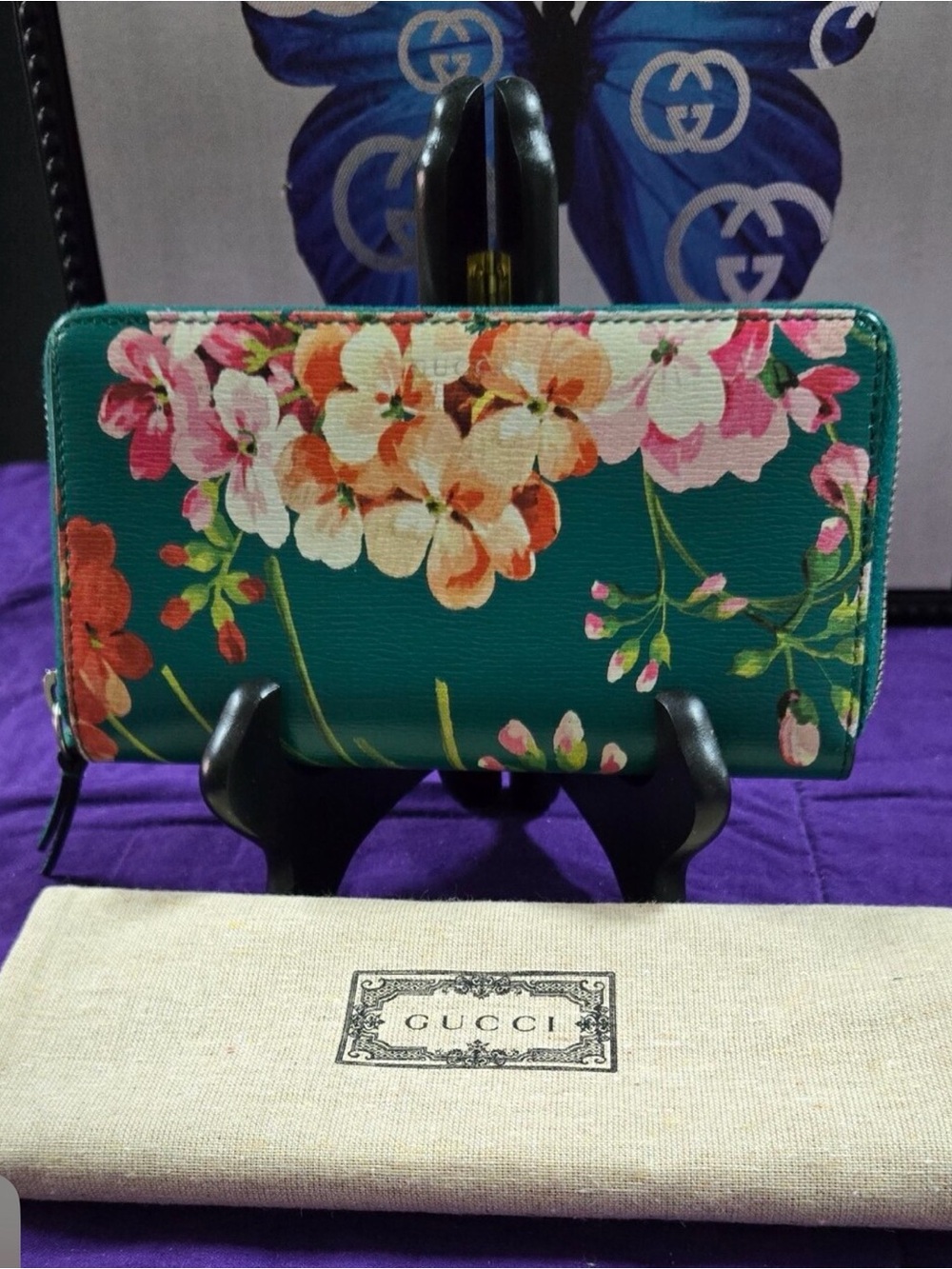 Gucci Teal Floral Zip-Around Wallet with Pink and Cream Blooms